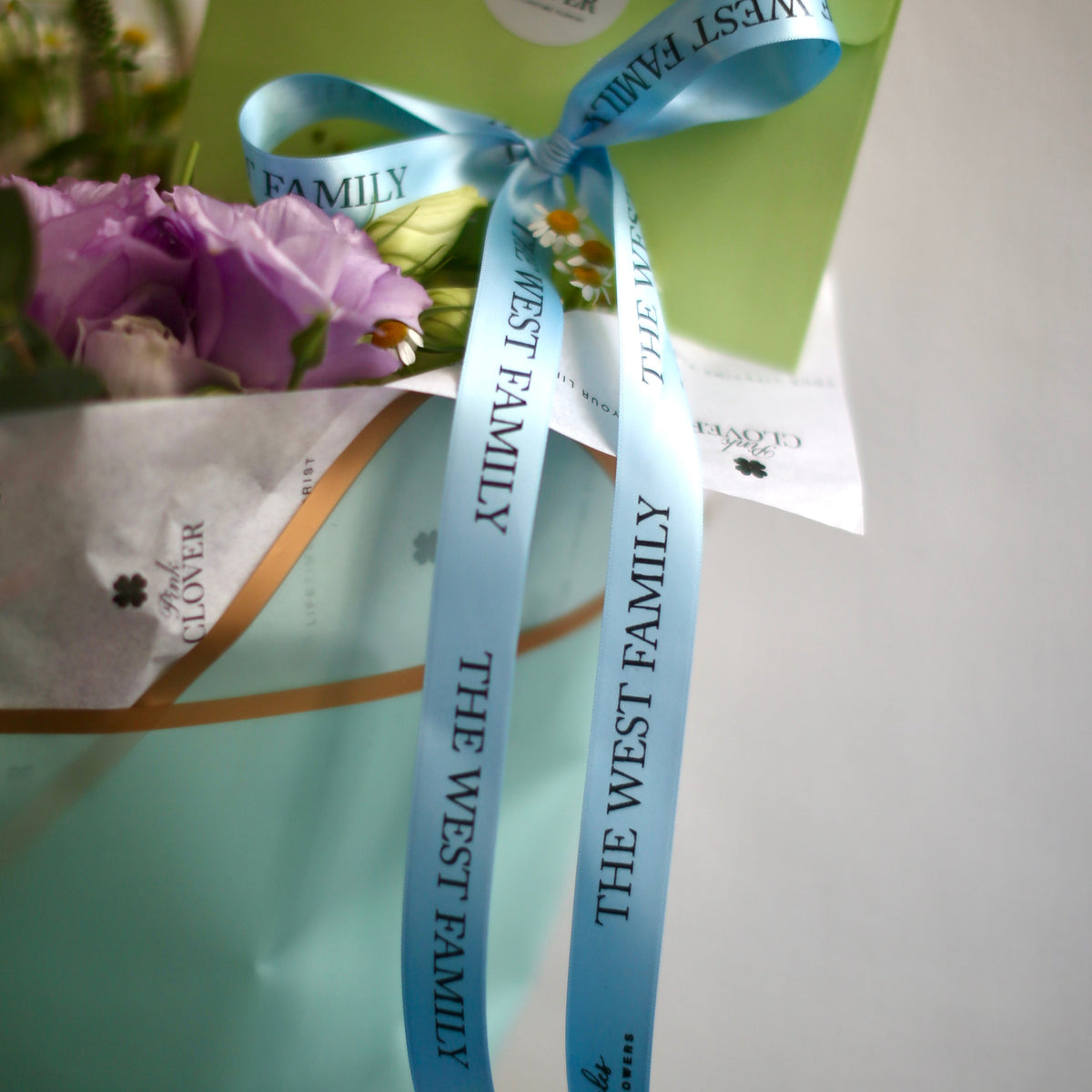 Custom Ribbon bouquet roses Beverly Hills florist Pink Clover