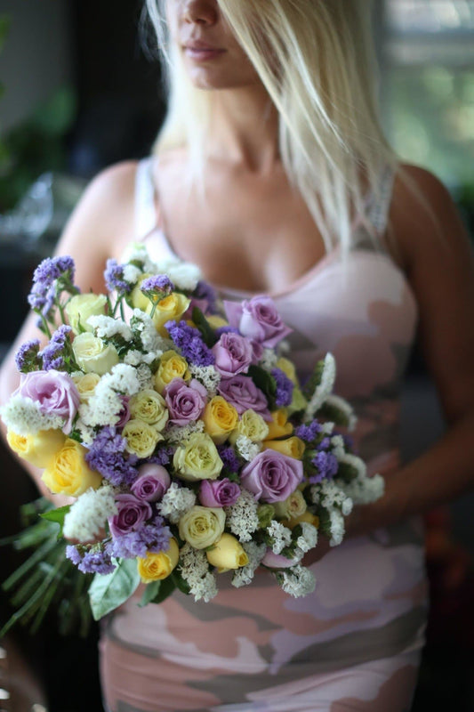 Flamboyant roses mix bouquet Anna flower arrangement Beverly Hills Los Angeles florist