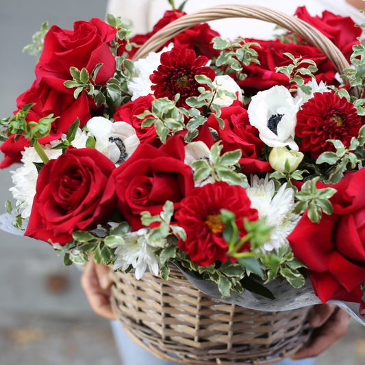 Fresh Ruby Rose arrangement from Pink Clover LA, beautifully styled with lush greenery