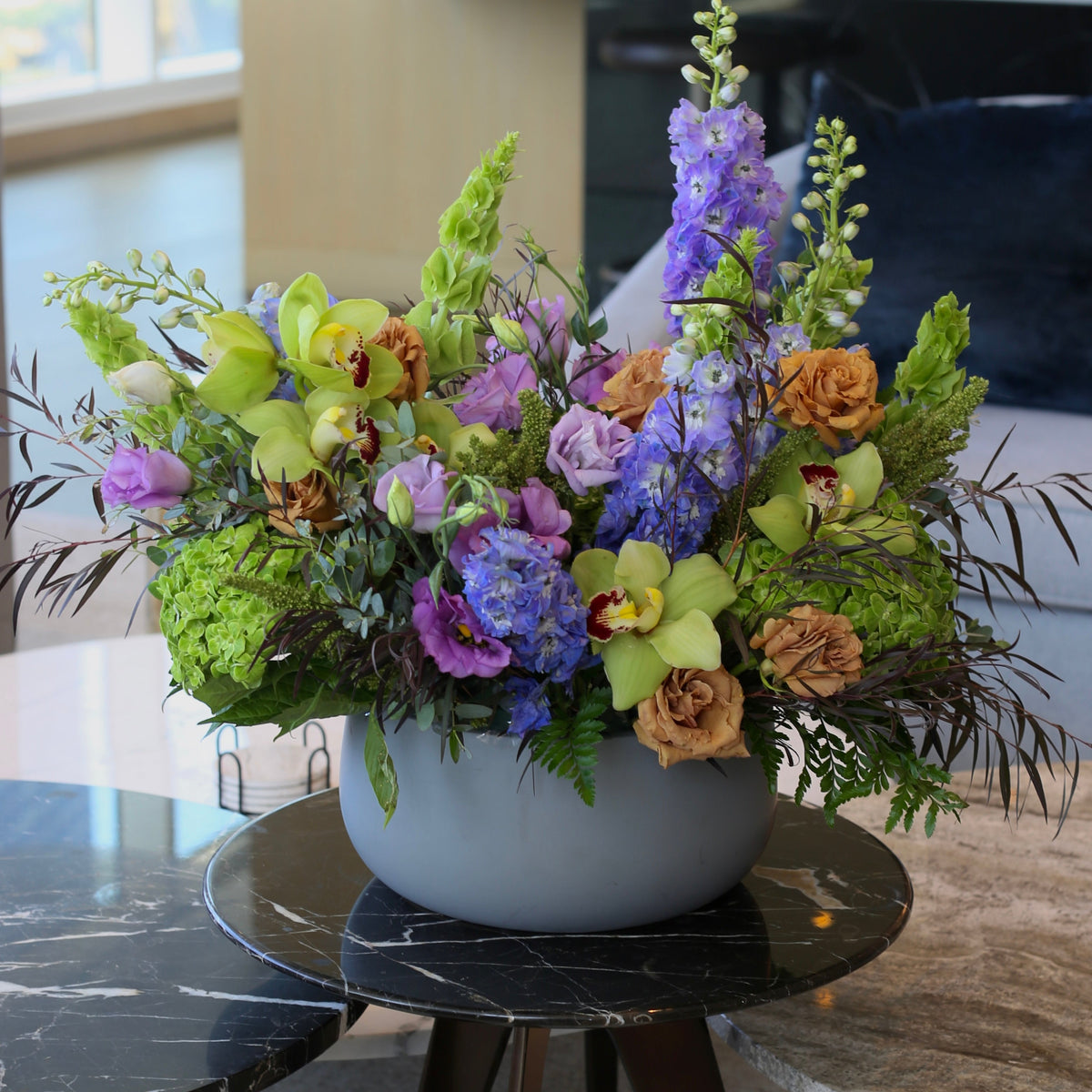 Emerald Wave green cymbidium orchids blue delphinium same-day delivery Los Angeles