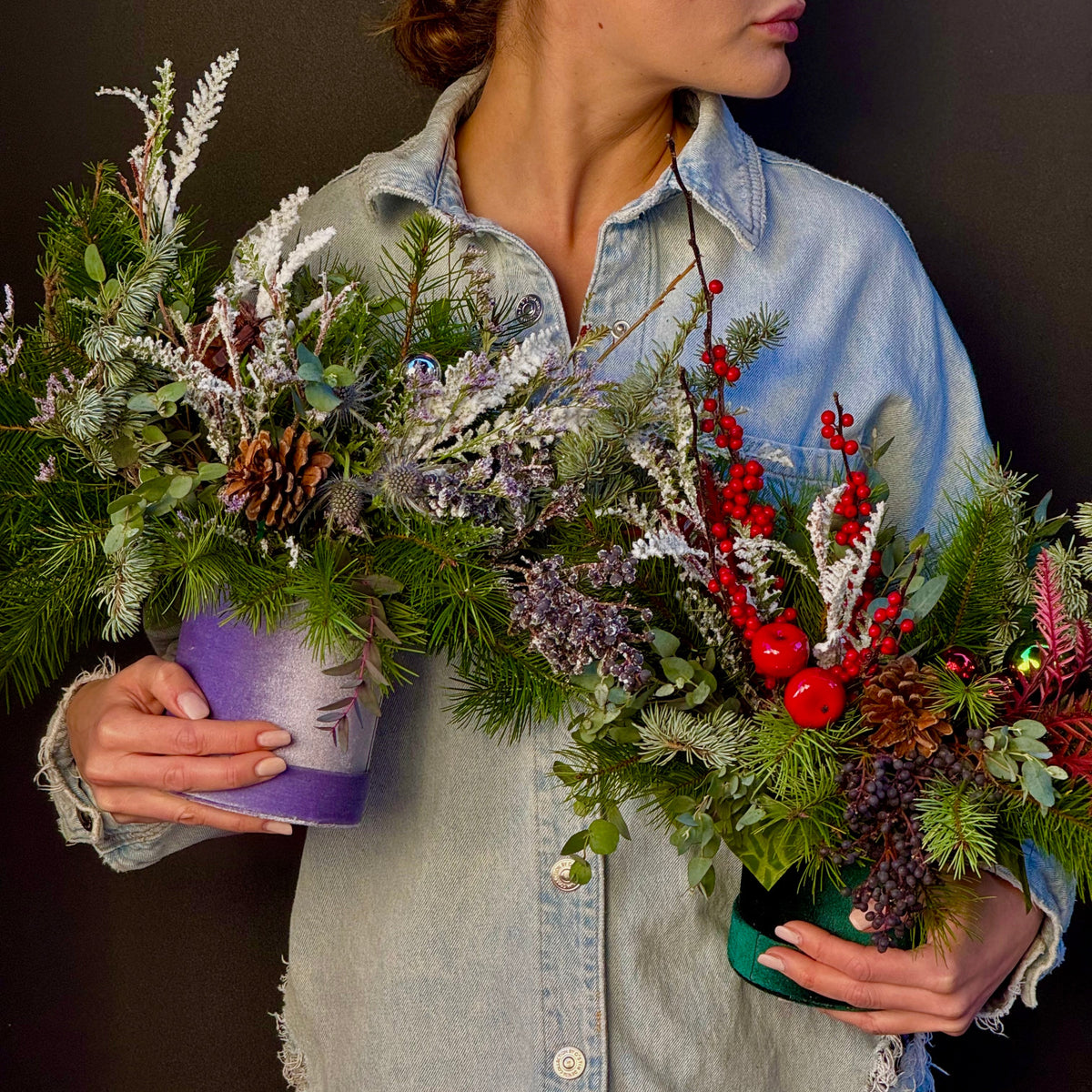 Handcrafted winter bouquet featuring pristine white blooms, perfect for holiday decor