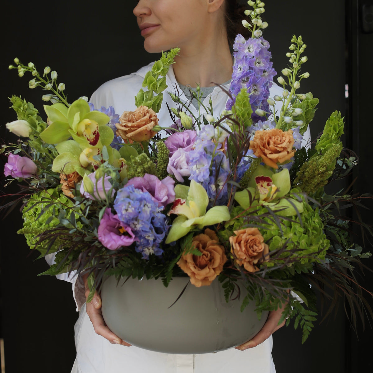 Emerald Wave floral arrangement from Pink Clover LA, styled with fresh blooms and lush foliage