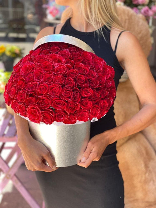 box with red roses flower arrangement Beverly Hills Los Angeles florist