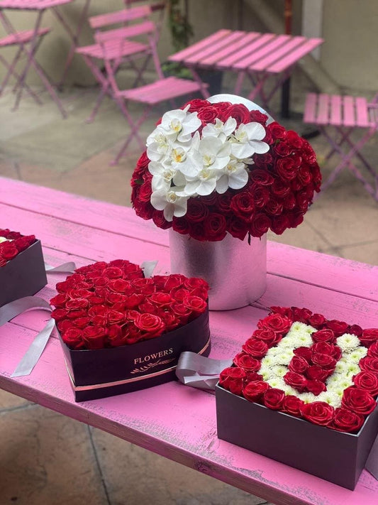 Be My Valentine red roses white phalaenopsis orchids same-day delivery Los Angeles