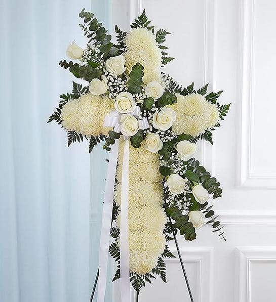 Crest stand White white chrysanthemums white roses same-day delivery Los Angeles