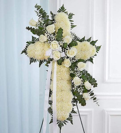 Crest stand White white chrysanthemums white roses same-day delivery Los Angeles