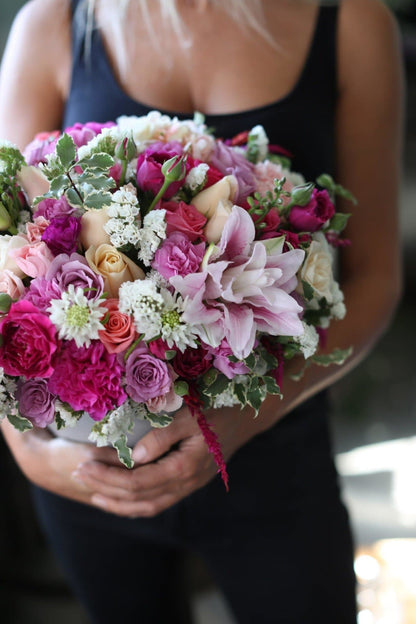 Ellis (Pink lilies with carnations roses mums flowers arrangement) flower arrangement Beverly Hills Los Angeles florist
