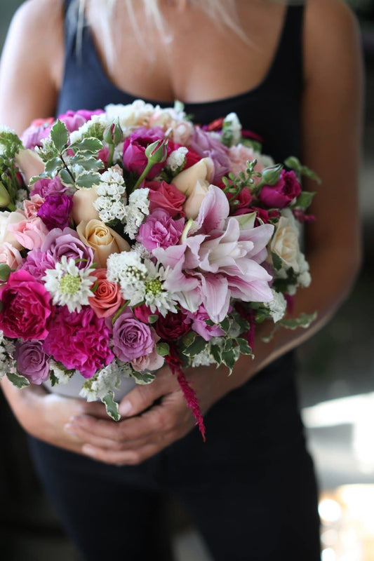 Ellis (Pink lilies with carnations roses mums flowers arrangement) flower arrangement Beverly Hills Los Angeles florist