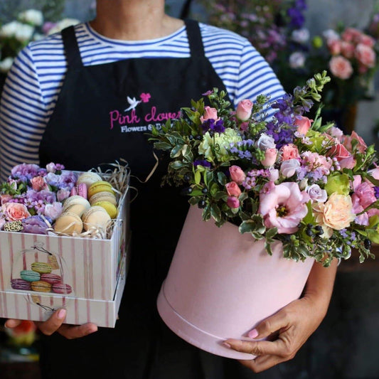 Flowers & Macarons pink spray roses purple lisianthus same-day delivery Los Angeles