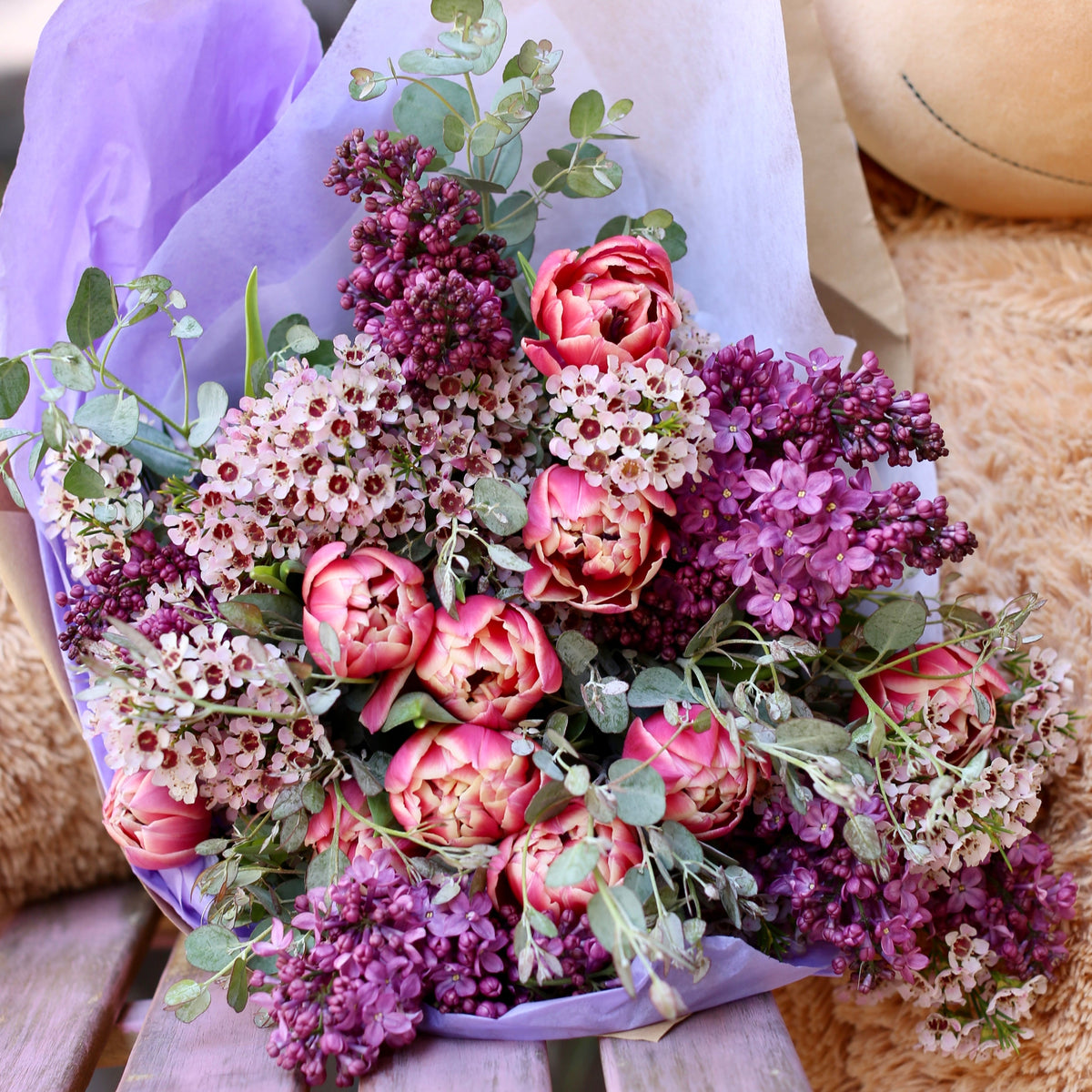 Lilac and tulips bouquet roses same-day delivery Los Angeles