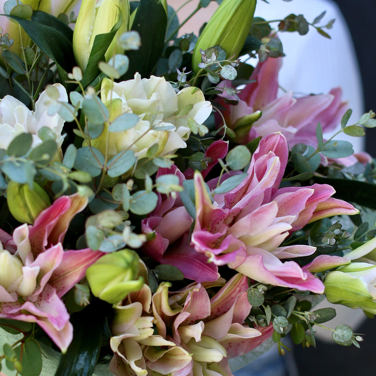 Lily bouquet roses Beverly Hills florist Pink Clover