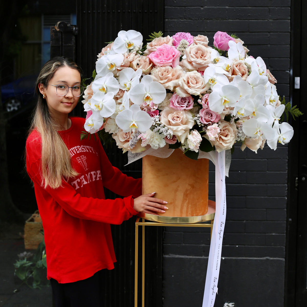 Elegance white phalaenopsis orchids blush roses same-day delivery Los Angeles