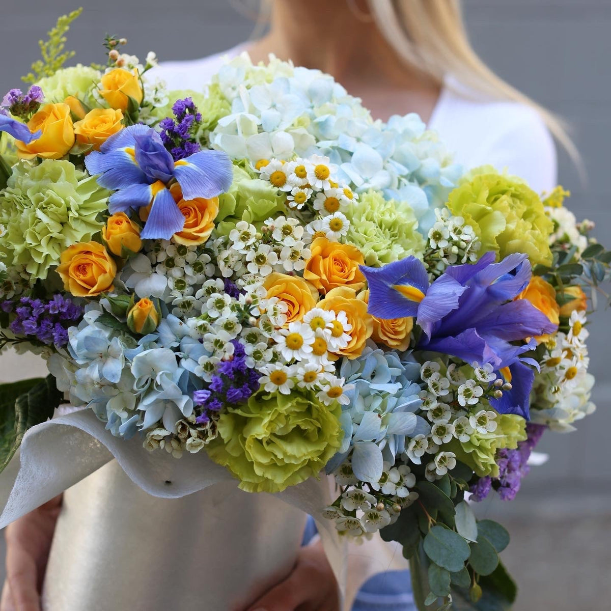 Sofia blue hydrangeas yellow spray roses same-day delivery Los Angeles