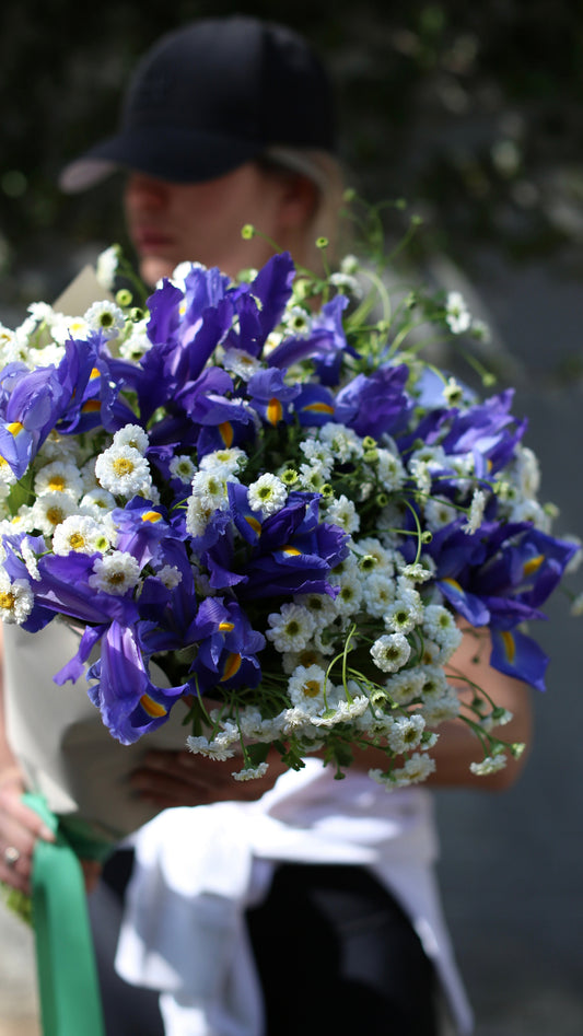 Bouquet with irises and chamomile flower arrangement Beverly Hills Los Angeles florist