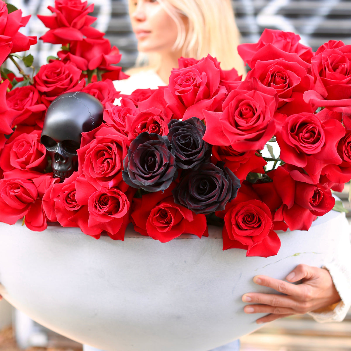Red roses in ceramic vase flower arrangement Beverly Hills Los Angeles florist