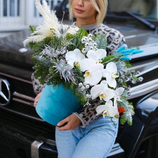 Blue Light phalaenopsis orchids eryngium same-day delivery Los Angeles