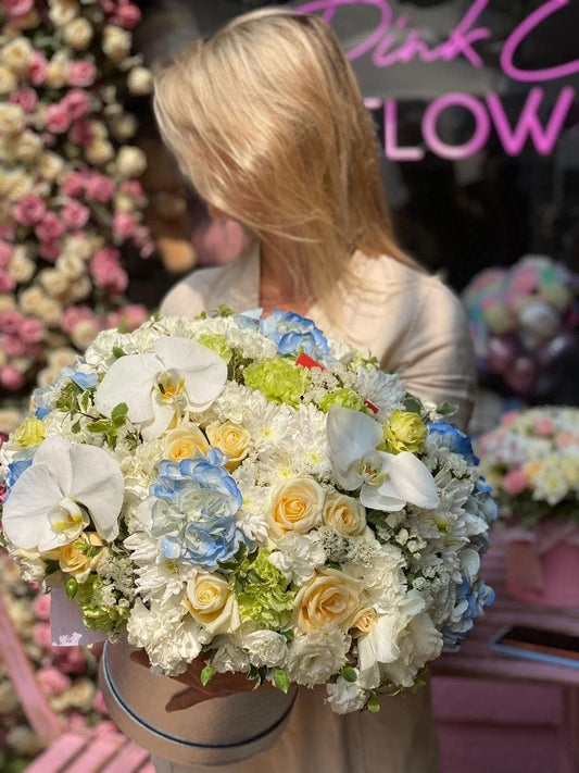 Lidia (roses, orchids and carnations) bouquet roses Beverly Hills florist Pink Clover