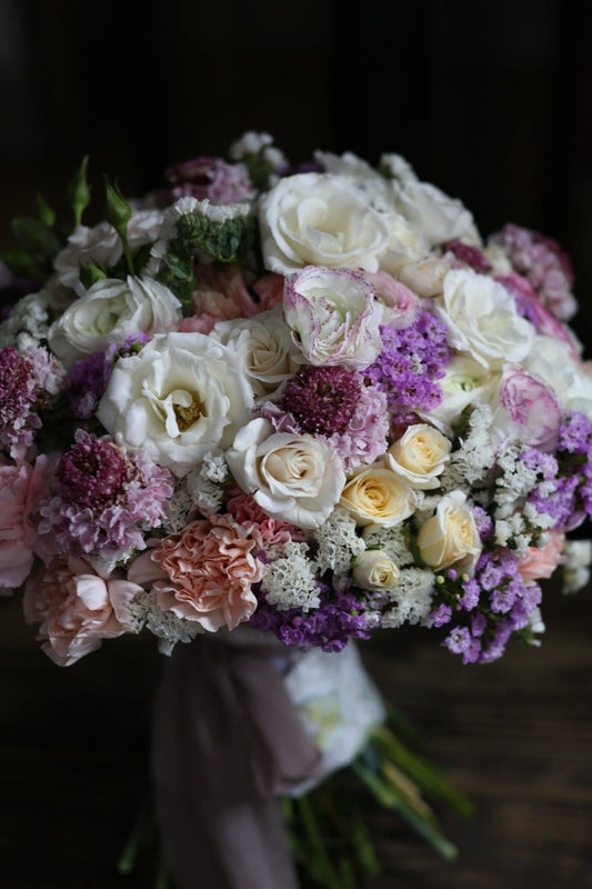 Loren (Pink roses and scabiosa flowers bouquet) flower arrangement Beverly Hills Los Angeles florist