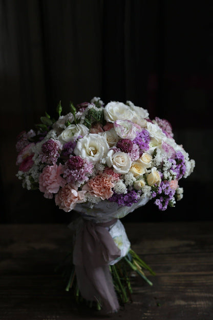 Loren (Pink roses and scabiosa flowers bouquet) roses scabiosa same-day delivery Los Angeles