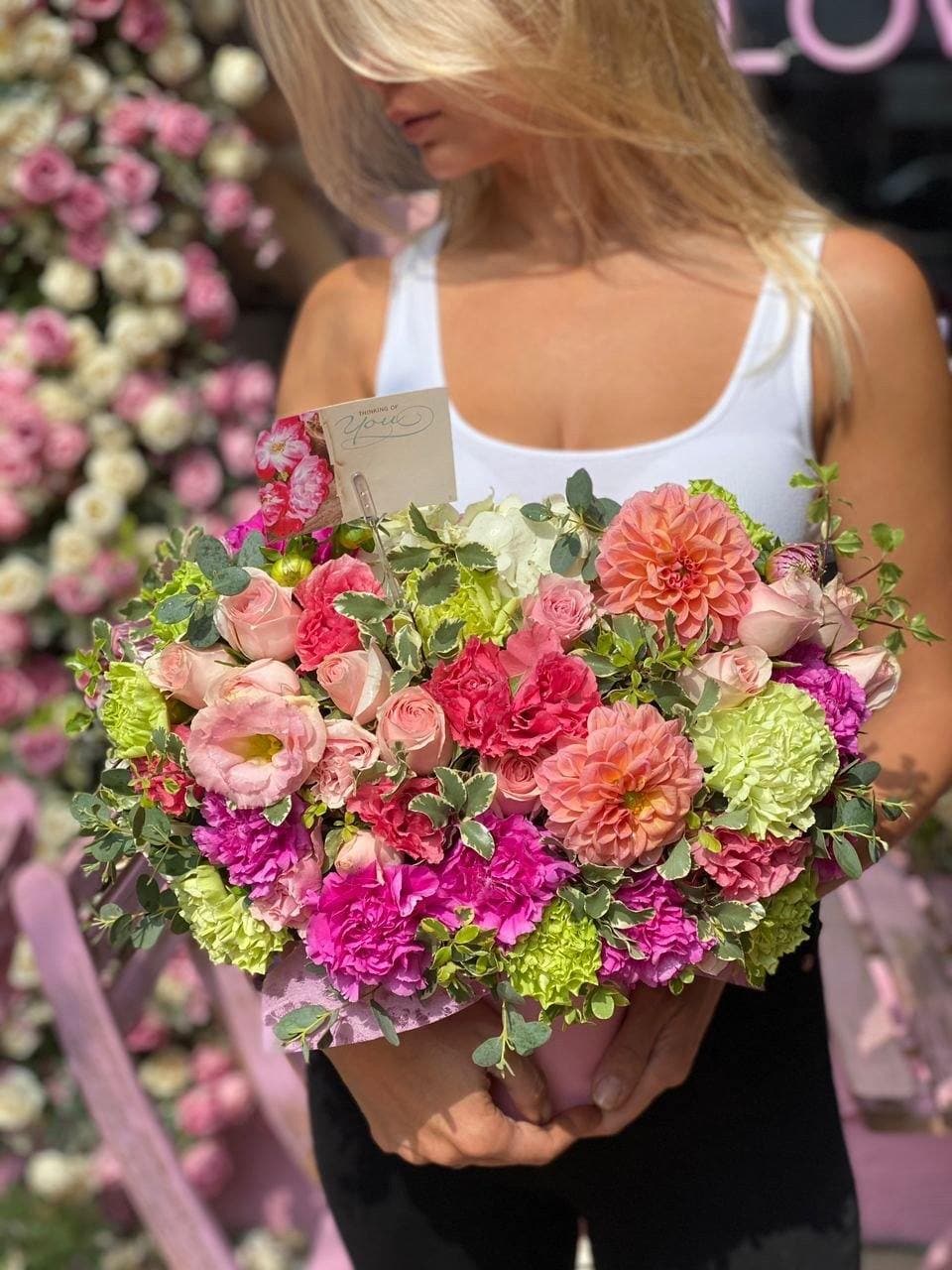 Mix of carnations with dahlias and roses flower arrangement Beverly Hills Los Angeles florist