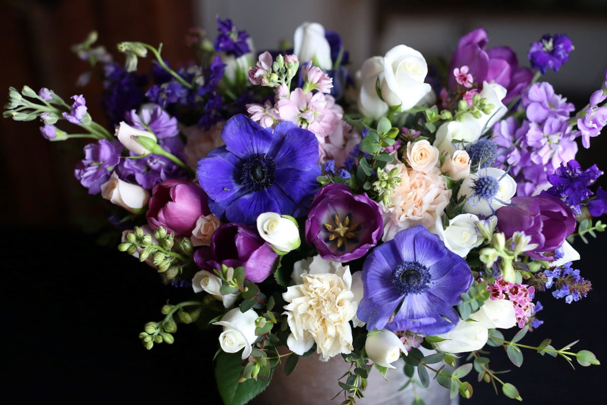 Monique (anemones, tulips and hyacinth) flower arrangement Beverly Hills Los Angeles florist