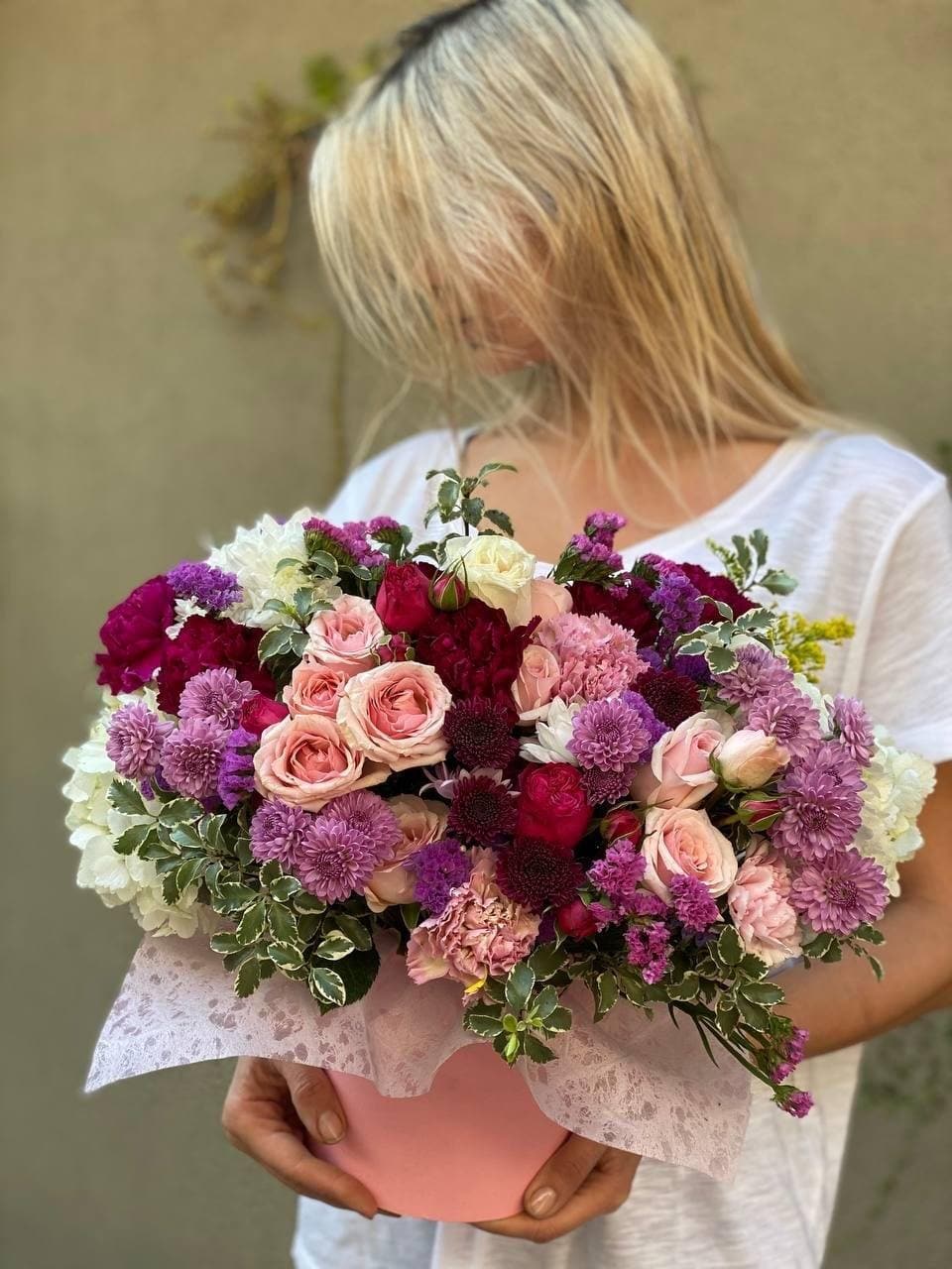 Nina(Pink Lily with carnations and roses flowers in round box) flower arrangement Beverly Hills Los Angeles florist