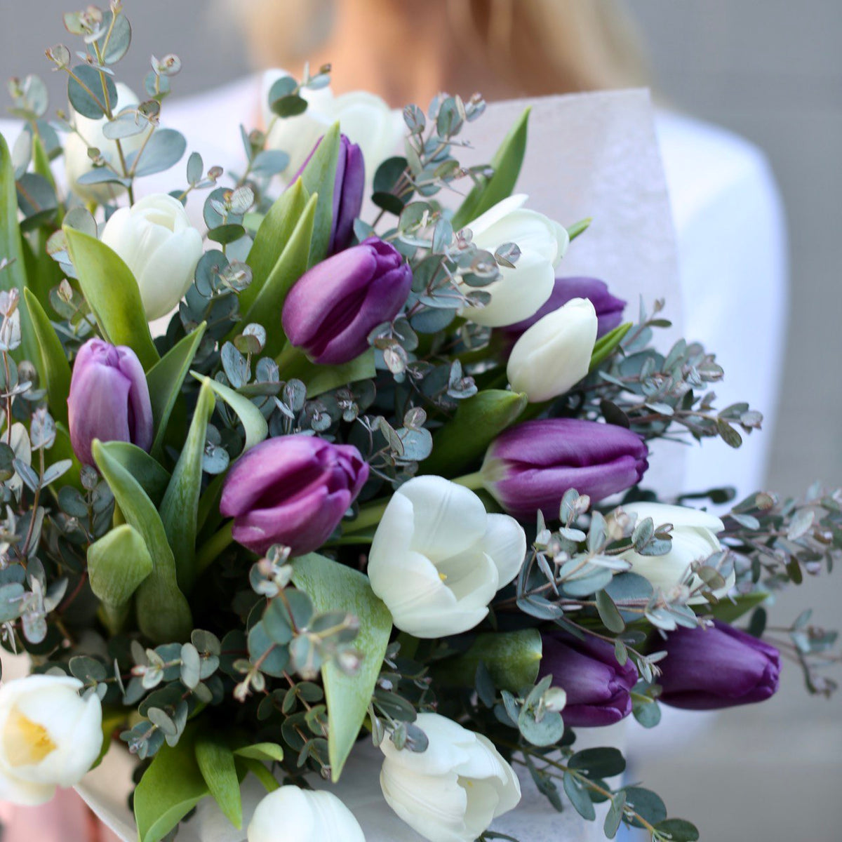 Hazel purple tulips white tulips same-day delivery Los Angeles