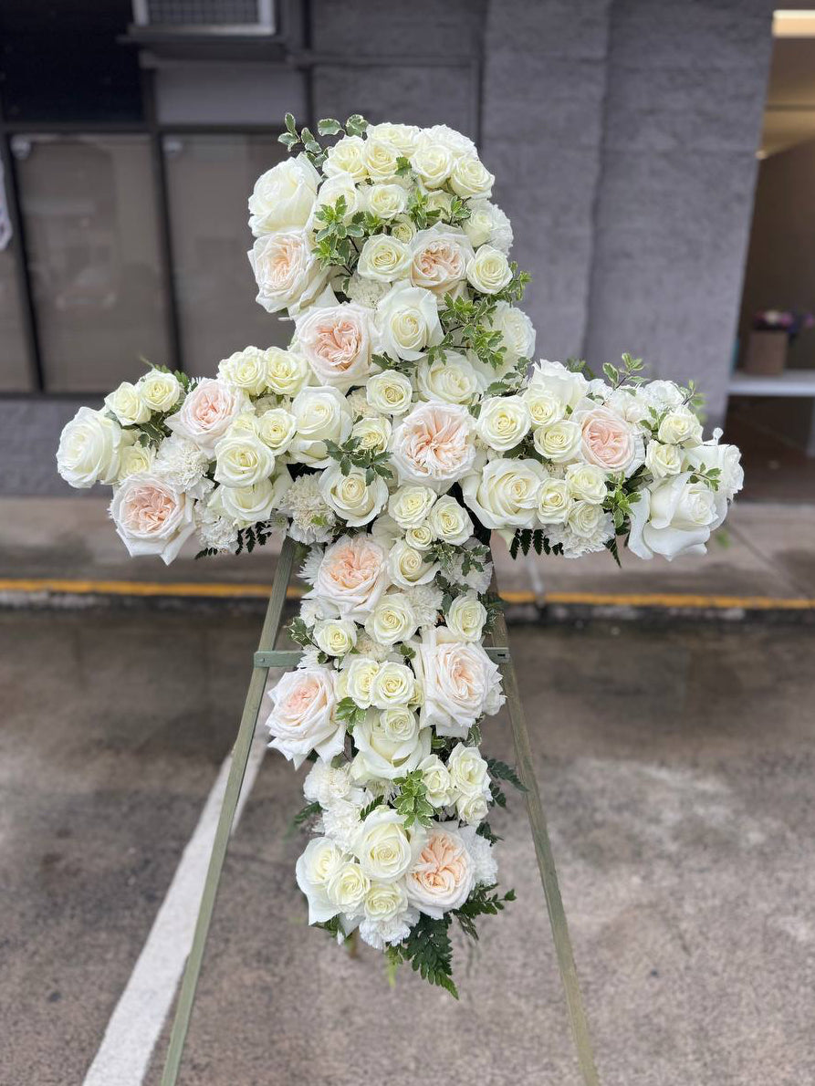 Funeral Cross White Roses fresh seasonal flowers same-day delivery Honolulu